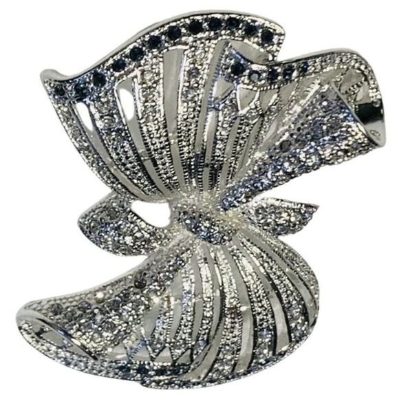 Vintage Napier Silver Tone Rhinestone Sparkle Brooch Bow Christmas Ribbon Pin - Picture 3 of 9